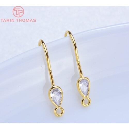 6PCS 4*20MM 24K Gold Color Brass Earrings Hooks with Drop shape Zircon High Quality Diy Jewelry Findings Accessories
