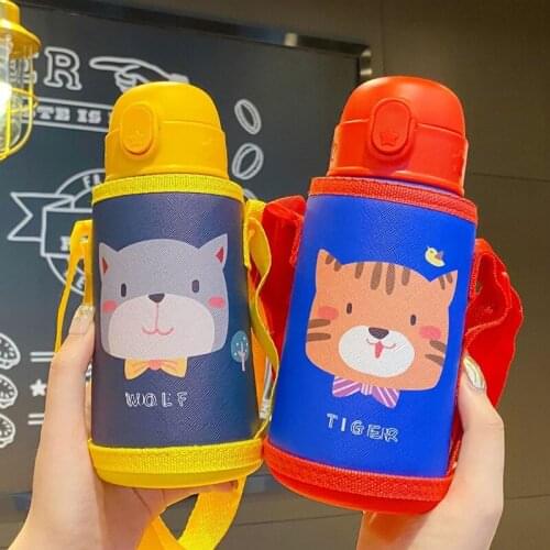 7 Colors 450ml Cartoon Stainless Steel Straw Thermos Mug With Case Portable Kids Vacuum Flask Children Thermal Bottle Thermocup