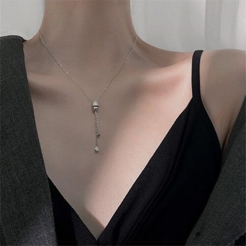 925 Sterling Silver Long Chain Zircon Bead Charm Pendent Necklace For Women Girls Party Punk Jewelry Choker Collar dz154