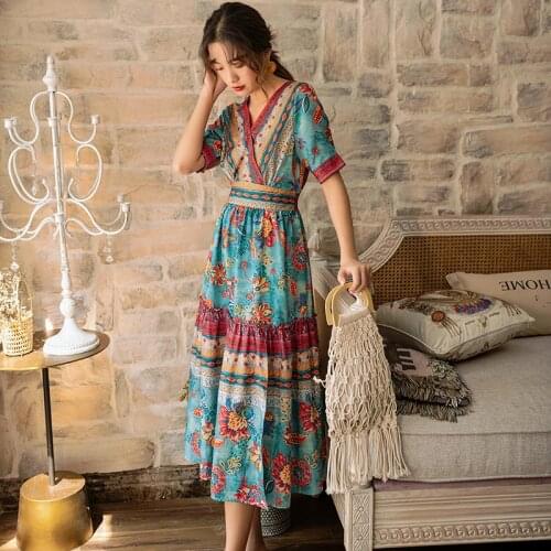 Long Boho Chiffon Women Dress Summer 2020 Runway Ethnic Elegant Party Dress Printed Tropical Vintage Beach Vacation Dress Korean