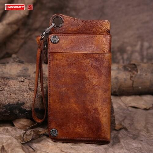 Leather Distressed Long Wallet Card Bag Mens Wallet Card Holder Purse Men Large-capacity Zipper Mobile Phone Bag Leather 2020