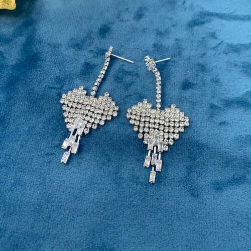 Geometric Heart Crystal Drop Earrings for Women Bijoux Long Tassel Rhinestone Dangle Earrings Party Jewelry