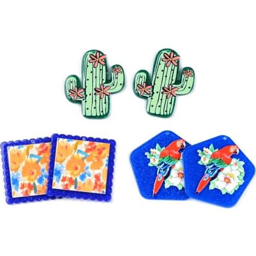 2Pcs Cactus Bird Fflowers Oil Painting Hand Made Earrings Making Connectors DIY Pendant Jewelry Findings Components Charms