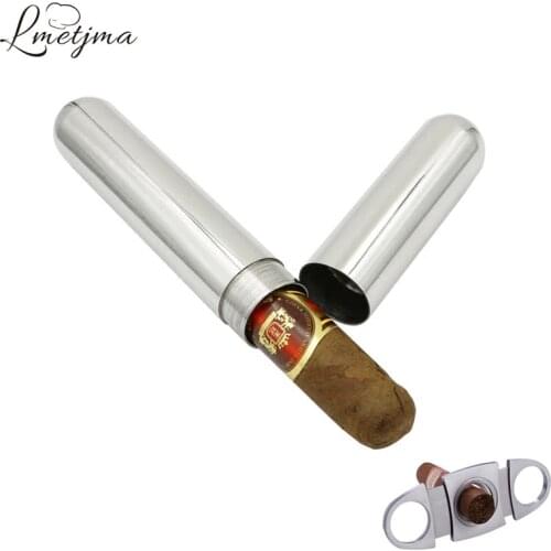 LMETJMA Stainless Steel Travel Cigar Case With Cigar Cutter 16.5 cm Cigar Tube Case Cigarettes Holder Container Box KC0141
