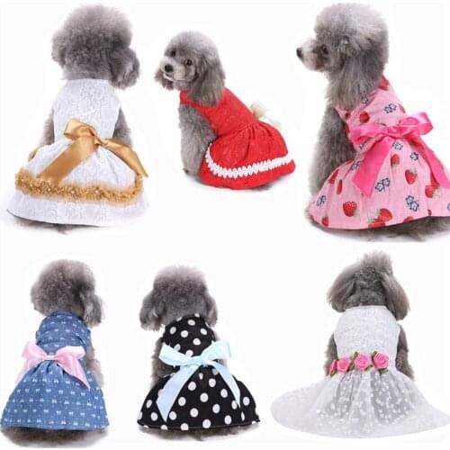 Sweet Dot Flower Dog Dress Butterfly-knot Lace Pet Dog Clothes Cat Dog Puppy Princess Wedding Dog Costume Pet Accessories