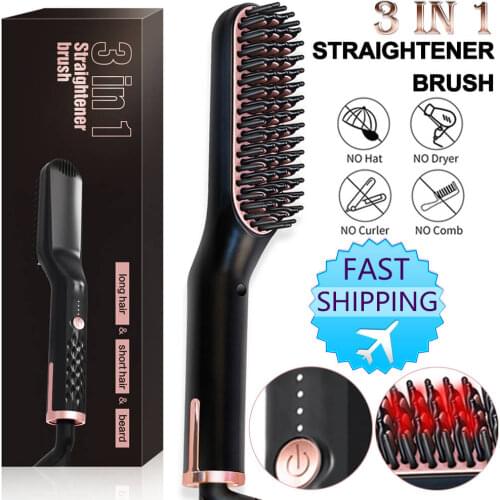 3 in 1 Multifunctional Hair Straightener Comb Brush Beard Straightening Men&Women Ceramic Electric Hot Comb Hair Quick Styler