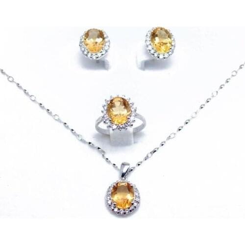 Natural citrine set Free shipping 1pc ring 1pc pendant 1 pair stud earring 925 sterling silver 2.4ct*4pcs gemstone F9022103