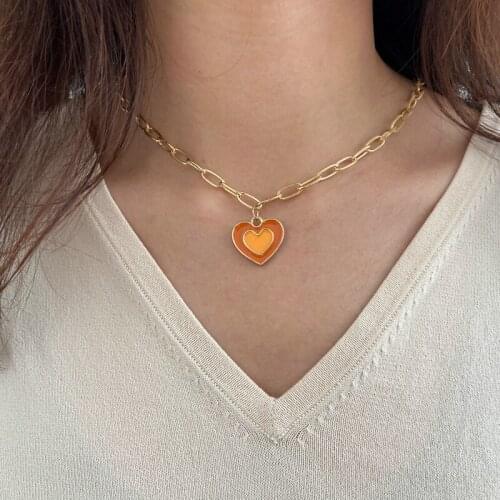 Punk Ins Style Necklace Golden Color Link Chain Oil Drop Double Heart Pendant Necklace Trendy Jewelry Gift For Women Accessories