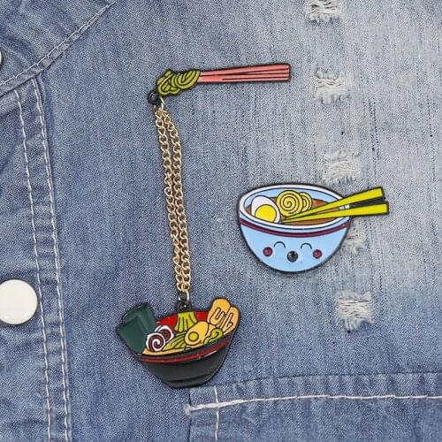 2 styles Japanese Ramen Enamel Pin Chopsticks With Chain Brooch Denim Jeans shirt bag Food Jewelry Gift for Friends
