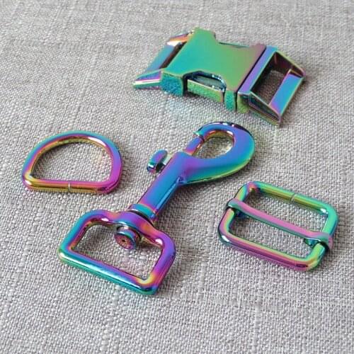 10Sets/Lot 25mm Rainbow Metal Hardware D Ring Belt Strap Slider Release Buckle Hook For Dog Collar Leash Lock Harness Accessory