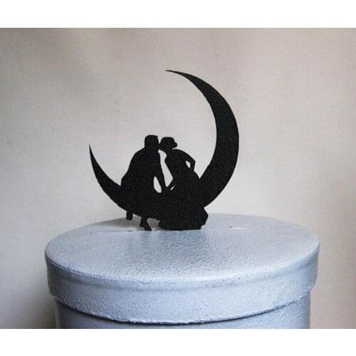 Romantic wedding cake topper bride and groom kiss on the moon,rustic cake topper wedding, unique wedding cake topper