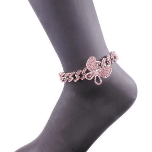 Pink crystal butterfly cuban link chain anklets hip hop women feet legs 12mm rose gold silver color iced out fashion jewelry