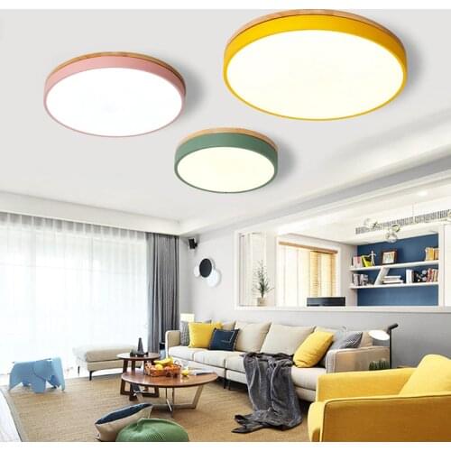 Modern Round Ceiling Lamp Wood Iron Cookie Bedroom Restaurant Hotel Dinning Room Green Gray White Black Macaron Color Light
