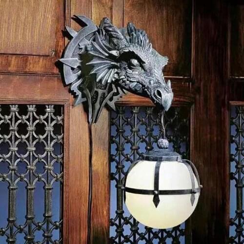 Dragon Head Statues Dinosaur Hanging Lamp Lantern Style Wall Mounted Dragon Pendent Lamp Halloween Terrace Garden Decoration