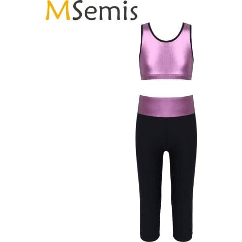 MSemis Dance Wear 2PCS Girls Kids Dance Outfit Sports Suit Gymnastics Leotard Solid Tank Top Crop Tops Pants Dancing Clothes