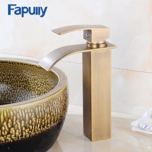 Fapully Waterfall Faucet Tall Antique Bathroom Sink Faucet Hot and Cold Bathroom Vanity Basin Mixer Tap