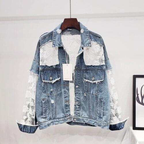 Flower Embroidery Lace Stitching Hook Flower Hollow Hole Short Womens Denim Jacket 2021 Summer Autumn Loose Casual Jean Jacket