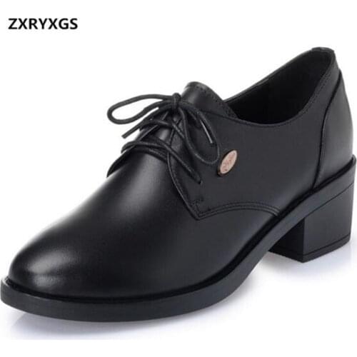 ZXRYXGS Brand Shoes Woman Genuine Leather Shoes Square Heel Lace-up Fashion Casual Shoes 2021 New Women Shoes High Heels 5 Cm