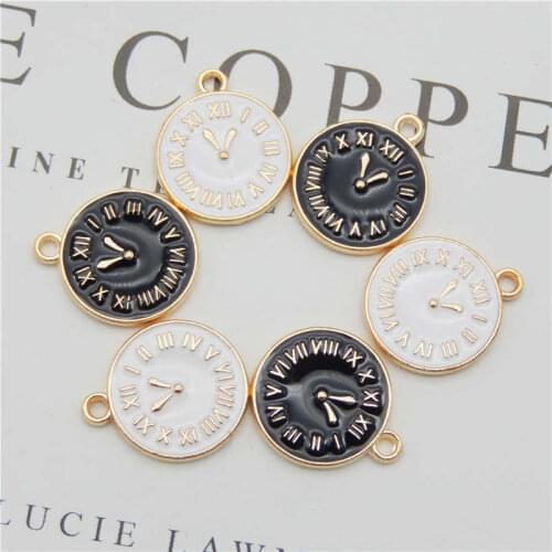 Julie Wang 8PCS Enamel Round Clock Charms White Black Gold Tone Bracelet Necklace Alloy Jewelry Making Accessory