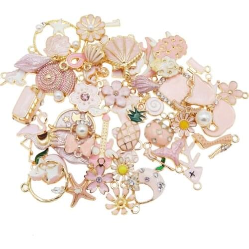 10pcs Mixed Pink Charms Jewelry Enamel Animal Fruit Flowers Plant Heart Bow Pendant Earrings Accessories Necklace Bracelet Ankle