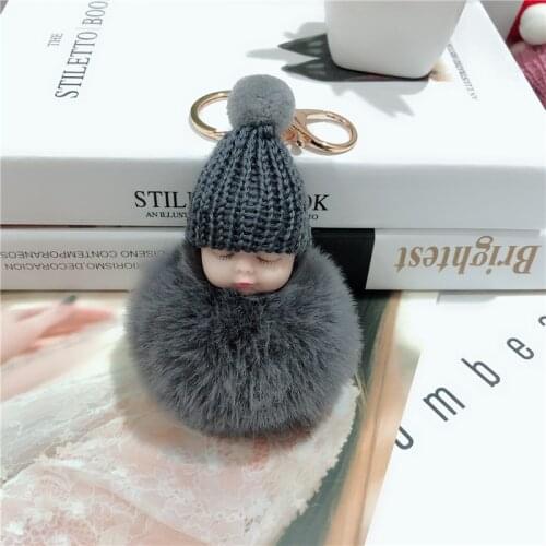 Baby Doll Toy DropshipCute Sleeping Baby Doll Key Chains For Women Bag Toy Key Ring Fluffy Pom pom Faux Fur Plush Keychains
