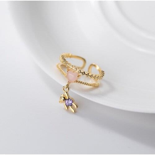 Real 925 Sterling Silver Rings for Women Teen Girls Double Layered Purple Crystal Bear Korean Cute Fashion Jewelry 2021
