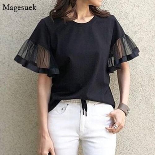 Summer Round Neck Casual T-shirt 2021 Korean Mesh Stitching Flare Sleeve Woman Tshirts Solid Color Slim Blouse Tee Shirt 15126