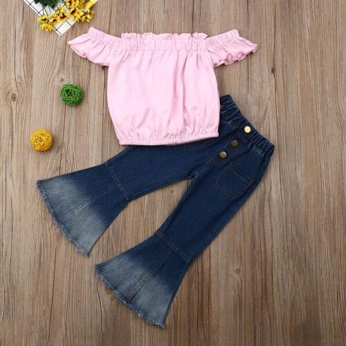 Cute Toddler Girls Off Shoulder Tops Short Sleeve Shirt Denim Flare Long Pants Jeans 2pcs Outfits Children Clothing for 3-7Y