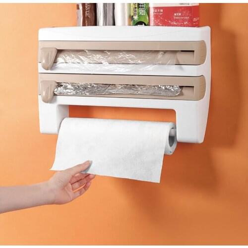 Mutifunction Kitchen Refrigerator Cling Film Storage Cutting Rack Wrap Cutter Tin Foils Paper Kitchen Shelf Hang Holder