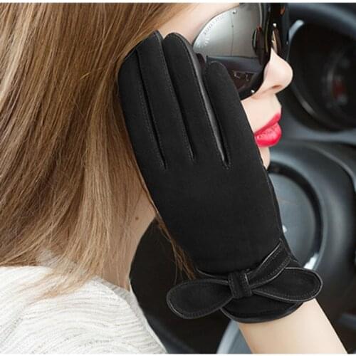 Fashion Black Genuine Leather Gloves Women Suede Sheepskin Glove Autumn Winter Plus Velvet Warm Driving Gloves NW511-5