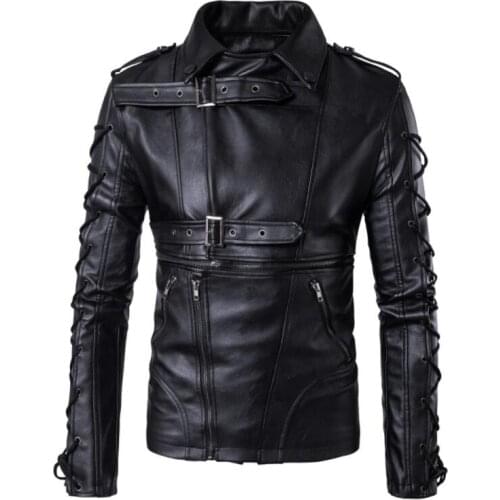 Motorcycle leather jacket men Multiple zipper clothes mens leather jackets Punk rock epaulette cross strap short coats biker