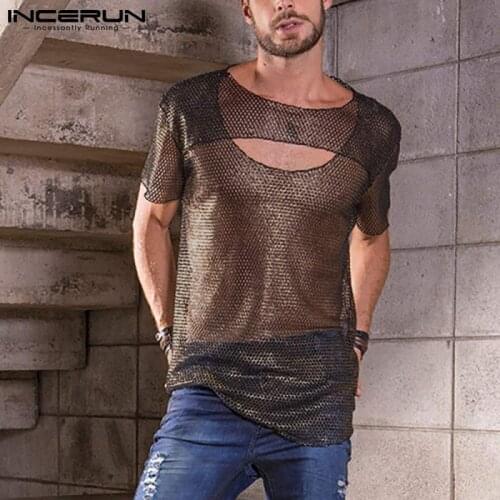 2021 Men Mesh T Shirt See Through Hollow Out Streetwear Short Sleeve Sexy Irregular Tee Tops Party Nightclub Camisetas INCERUN