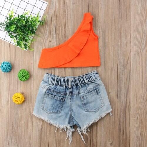 New Fashion Cute Summer Toddler 2PCS Sets Baby Girls Off Shoulder Ruffles Orange Cotton T-Shirts Tops Blue Denim Hole Shorts