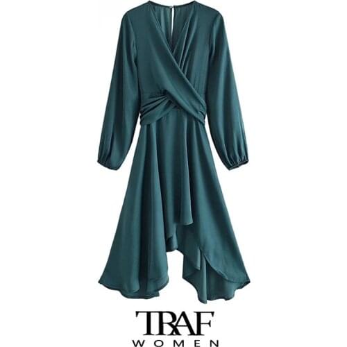 TRAF Za Women Fashion With Bow Tie Pleated Asymmetric Midi Dress Vintage Long Sleeve Back Zipper Female Dresses Vestidos