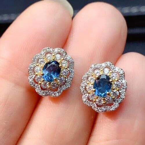Natural blue topaz earrings 925 silver Natural gemstone earring women classic fashion round Sun flower earrings party jewelry