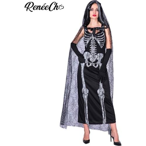 Reneecho Halloween Costume For Women Adult Spider Wed Cape Scary Bone Black Long Dress Cosplay Woman Skeleton Costume Costume