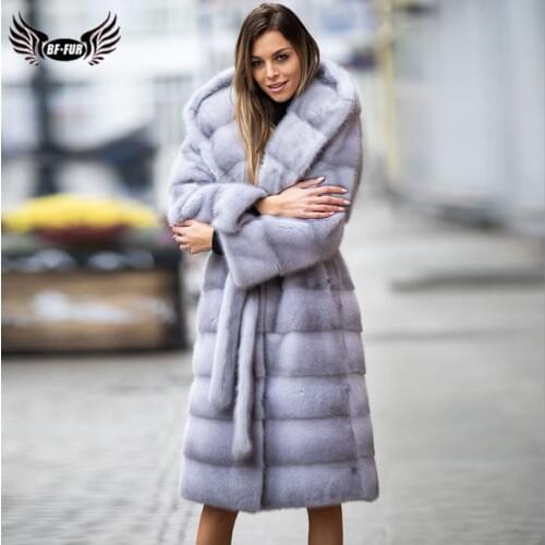 Luxury Plus Size Women Long Mink Fur Coat Real With Hood Thick Warm Winter Fashion Natural Mink Fur Jacket With Belt Overcoat