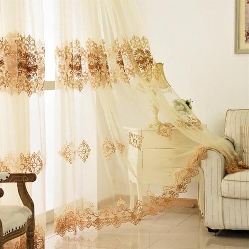 Luxury European Water Soluble Embroidered Beige Tulle Curtains For Living Room White Window Treatments Sheer Drapes WP160#5