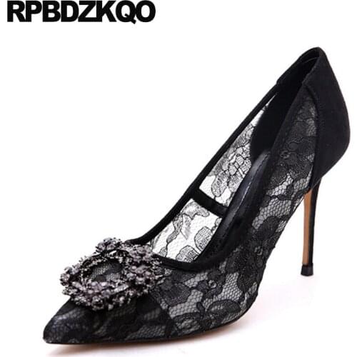 Pointed Toe Crystal Lace Mesh High Heels Small Size Pumps Thin Black Rhinestone Sexy Women Shoes Rhinestones Dress 4 34 Diamond