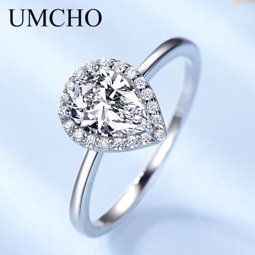 UMCHO Real Silver 925 Jewelry Luxury Bridal Water Drop Cubic Zircon Rings For Women Solitaire Engagement Wedding Party Brand