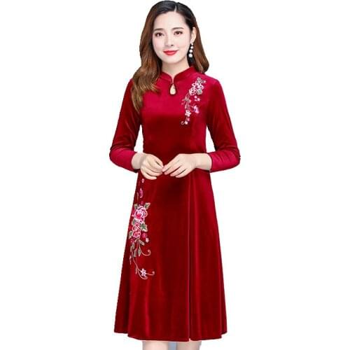 Evening Party Dress Elegant Womens new gold velvet cheongsam Retro dress embroidered Plus Size party dress