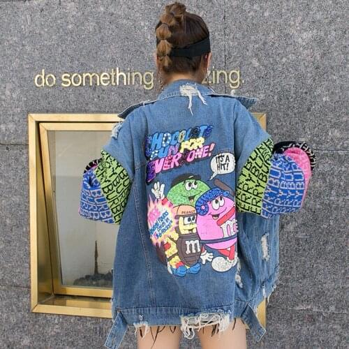 Women autumn cartoon sequins nail drill knit sleeve stitching ripped denim loose jacket coat Y781