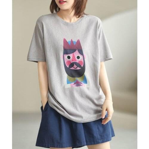 Womens T-shirt Pure Cotton Korean T-shirt Literary Loose Casual Tshirt Portrait Printing Thin Cotton Tshirt Woman Tshirts Summer