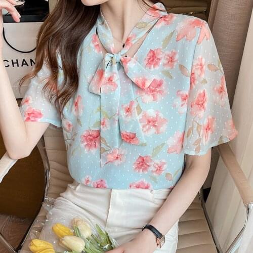 Women Printing Chiffon Blouse Short Sleeve Ladies 2021 Summer Fashion Casual Office Ladies Shirts Sweet Bow Top Female Clothing