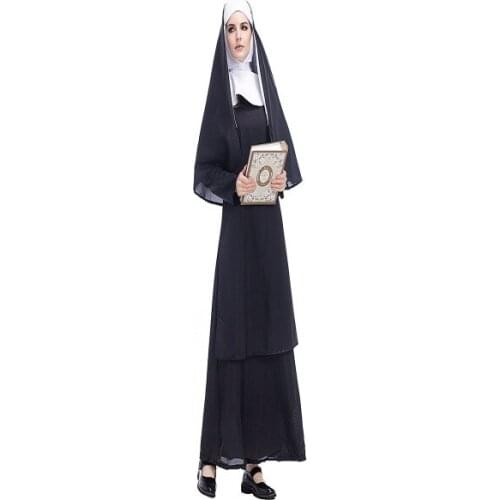 Mary Nuns Costumes for Women Sexy Long Black Costume Arabic Religion Monk Ghost Uniform Catholic Cosplay Dress Fat in plus-size