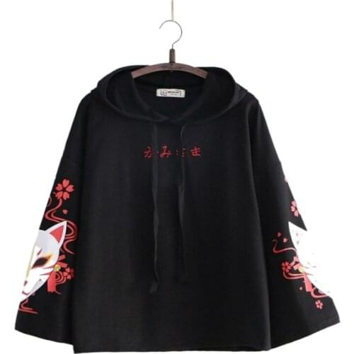 Black Letter Embroidery Cartoon Print Women Hoodies 2020 Autumn Flare Sleeve Drawstring Hooded Sweatshirts Ladies Korean Tops