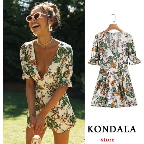 KONDALA Za Spring 2021 Women Chic Flower Print Trim Chiffon Mini Jumpsuit Ladies V-Neck Short Flared Sleeve Rompers Vestidos