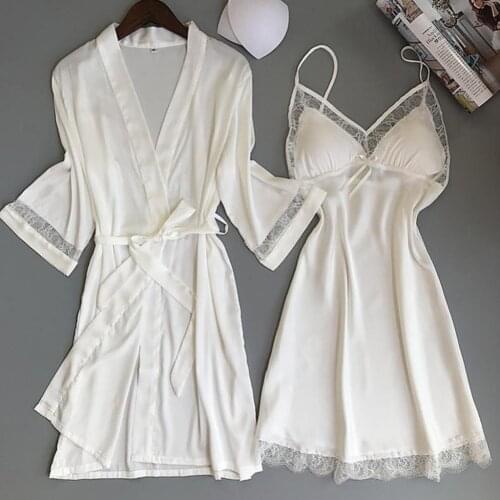 Women Rayon 2PCS Robe Set Bride Bridesmaid Wedding Robe Gown Lace Sexy Kimono Bathrobe Night Dress Casual Nightgown Sleepwear