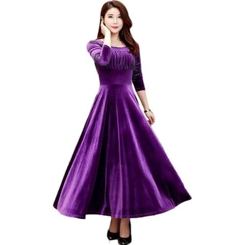 Spring Autumn New O neck High waist slim Dress Women gold velvet long sleeve large swing Dresses Womens Plus size Dresses A1140