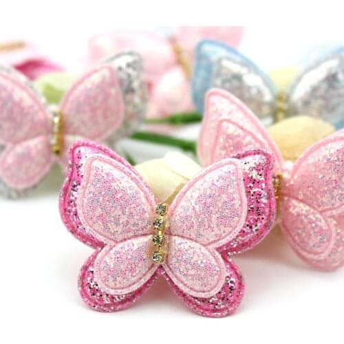 18Pcs 3.5*4.2cm Double-deck Glitters butterfly Padded Appliques For Baby headwear Hair Clips Stick-on Deco Accessories wholesale